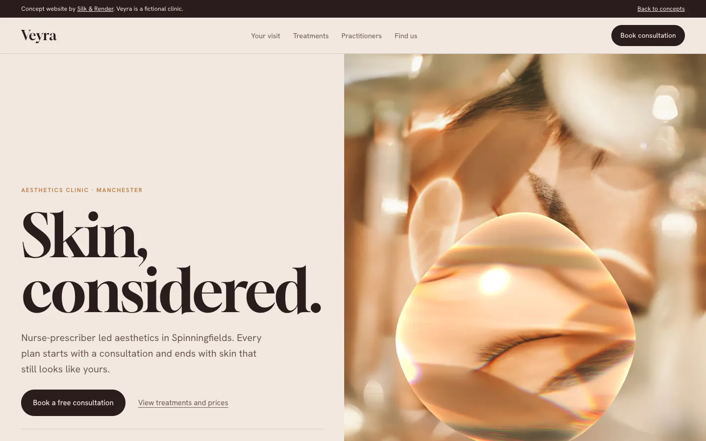 Veyra clinic homepage: Skin, considered, beside a glass serum drop