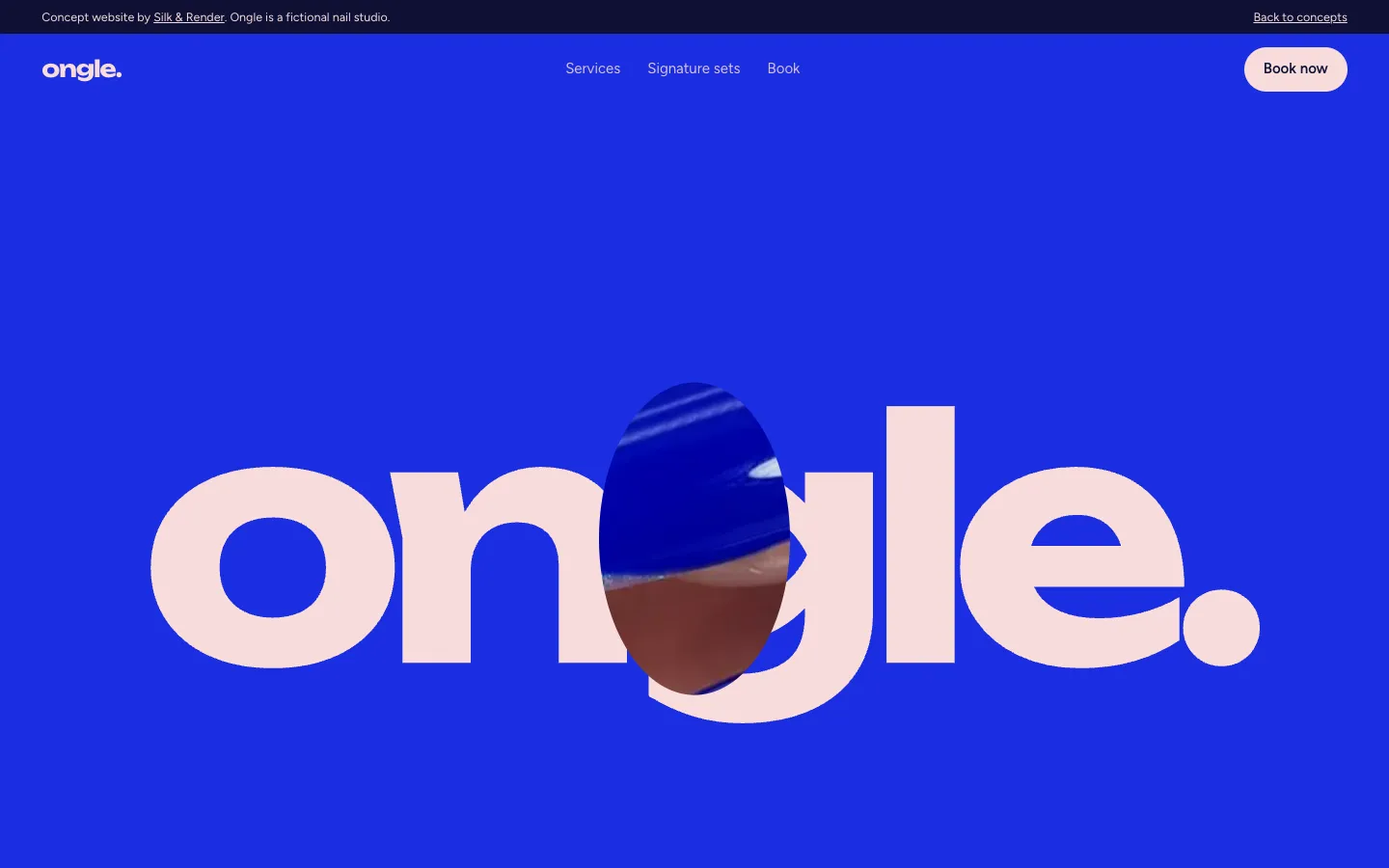 Ongle nail studio homepage: an almond nail window cut into the wordmark