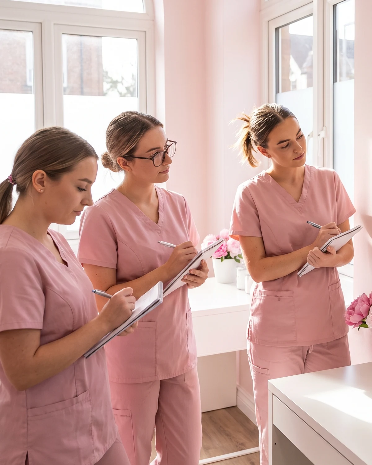 Students in pink scrubs taking notes in the training studio