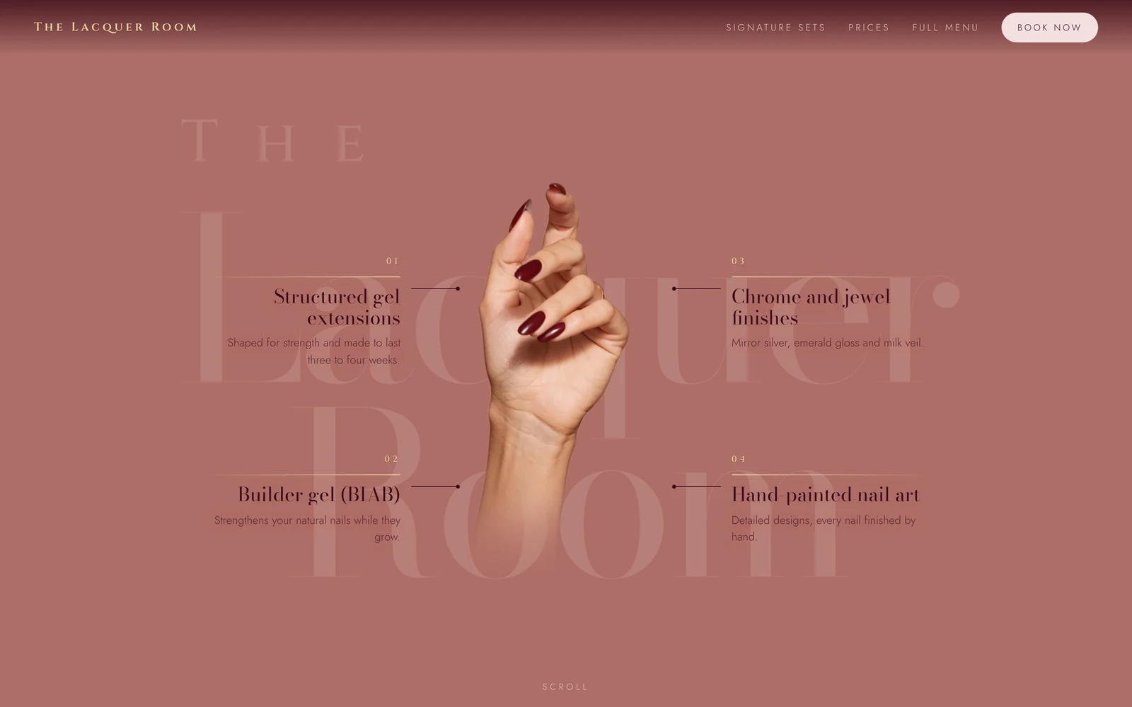 The hand lifts off the photo and turns, with four treatments around it