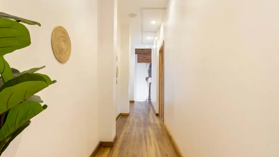 Hallway with a fiddle leaf fig and oak floor
